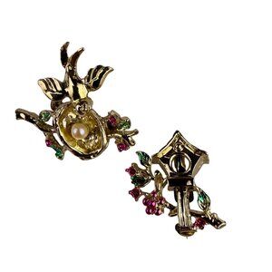 Vintage Womens Gold Tone Bird & Birdhouse Brooch Pins With Rhinestones